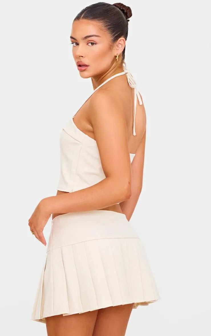 Online PrettyLittleThing Bow Detail Tie Neck Halterneck Crop Top Cream