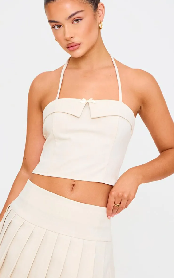Online PrettyLittleThing Bow Detail Tie Neck Halterneck Crop Top Cream