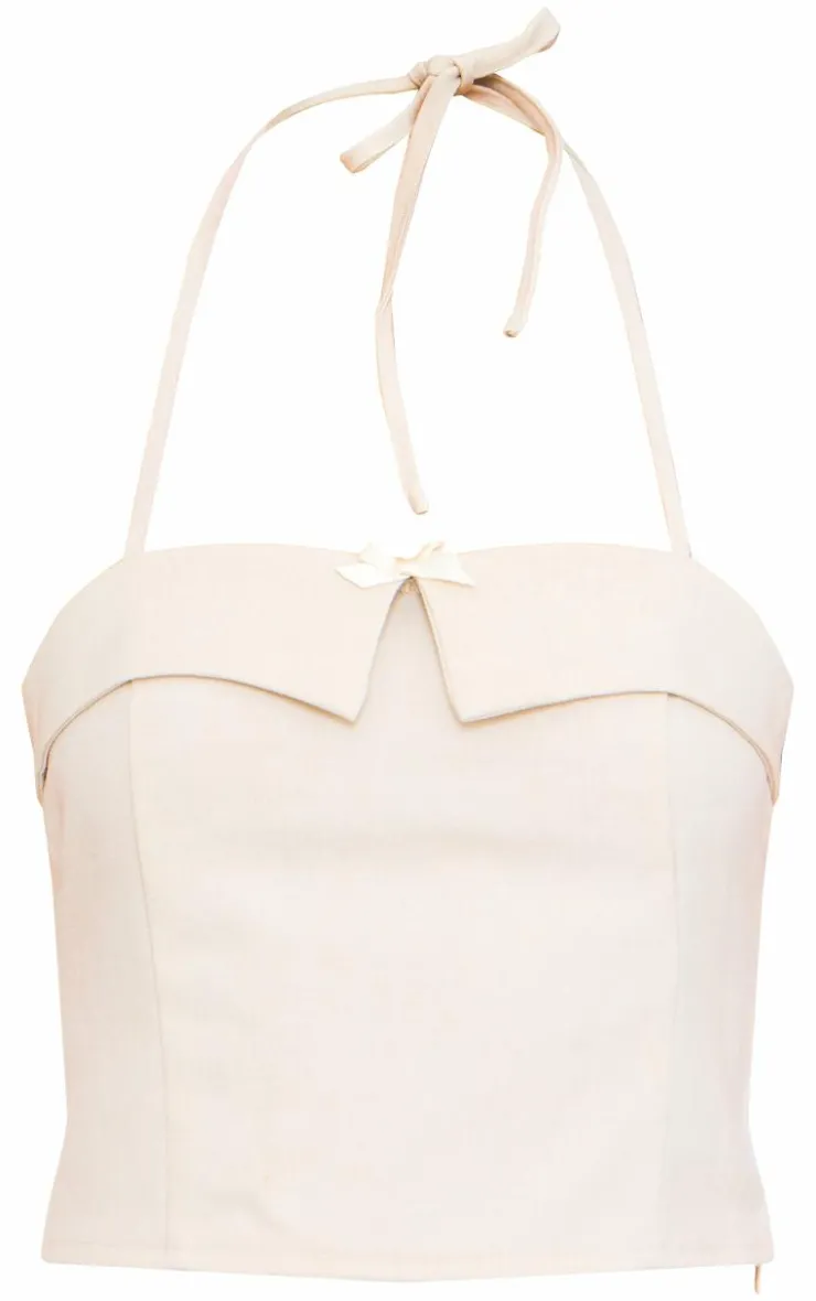 Online PrettyLittleThing Bow Detail Tie Neck Halterneck Crop Top Cream