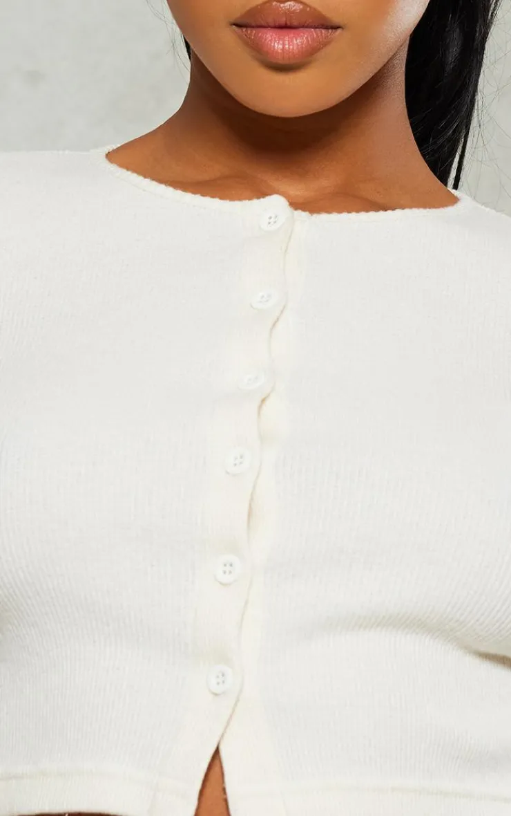 New PrettyLittleThing Brushed Rib Button Front Cardigan Cream
