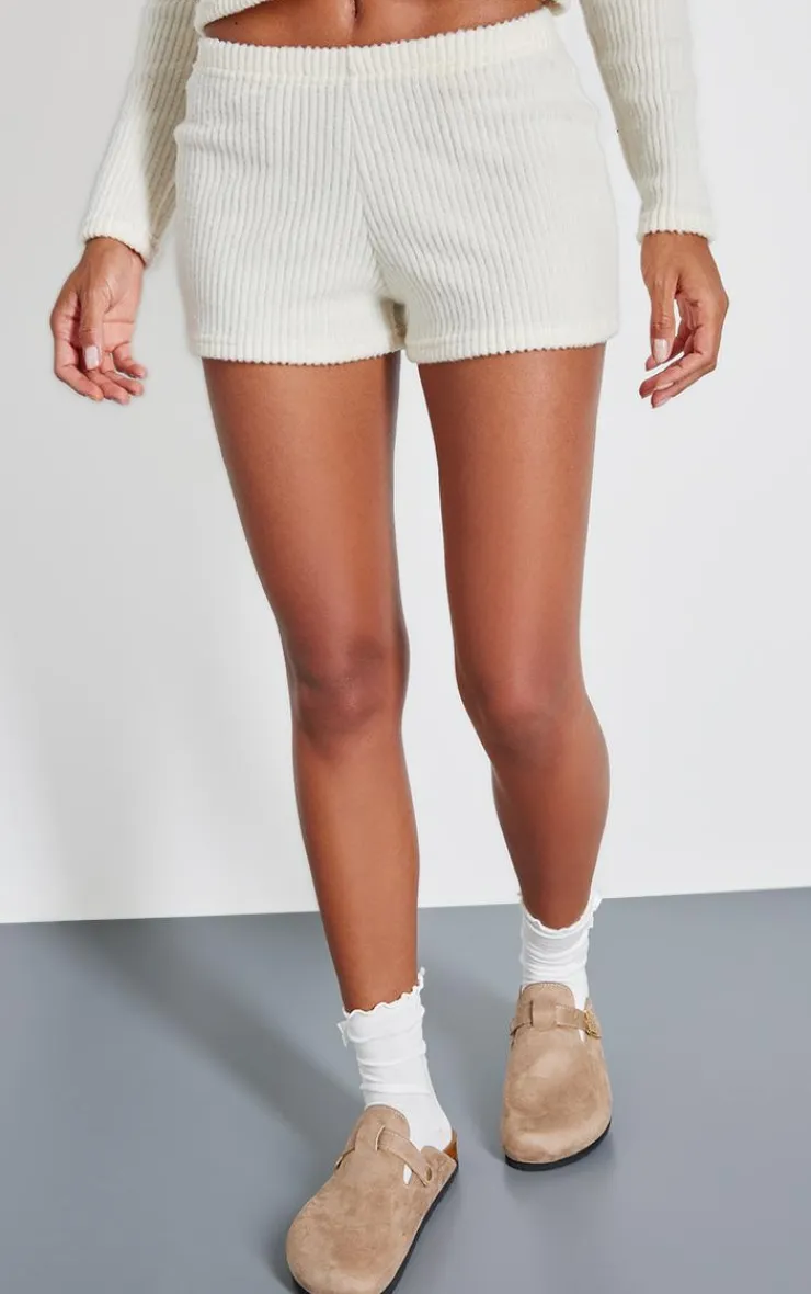 Discount PrettyLittleThing Brushed Rib Hotpants Cream