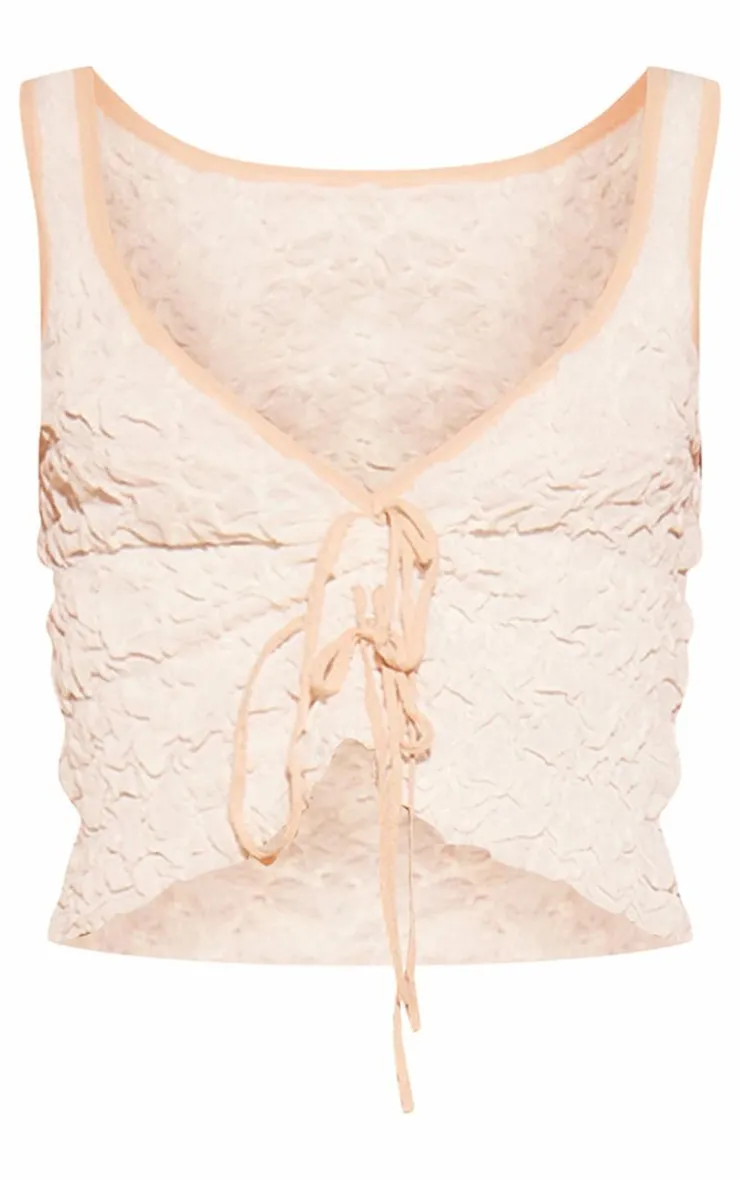 PrettyLittleThing Bubble Knit Contrast Tie Front Top Cream