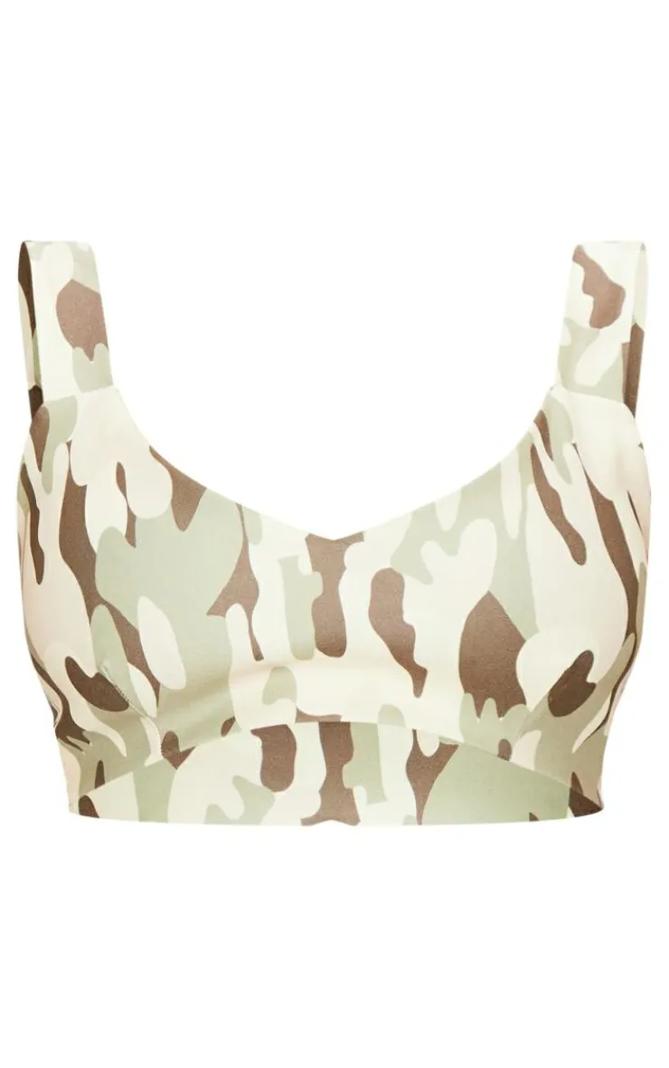Online PrettyLittleThing Camo Printed Stretch Woven Micro Bralet Cream