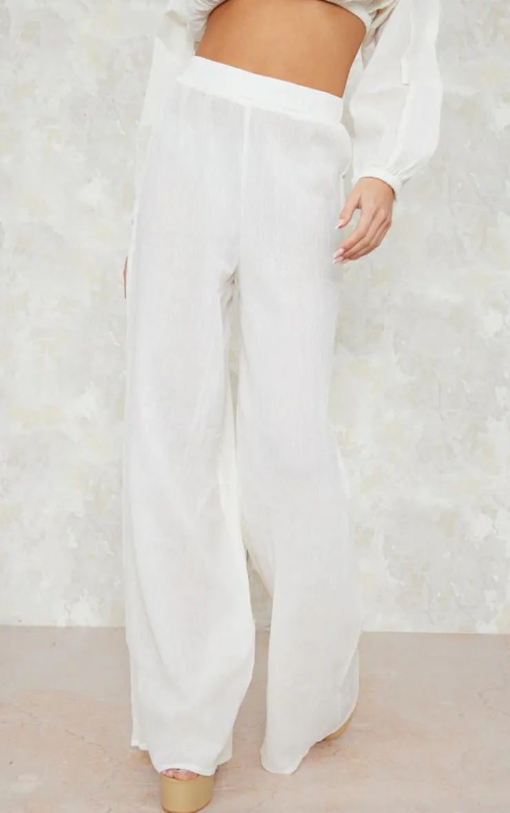New PrettyLittleThing Cheesecloth Floaty Wide Leg Pants Cream