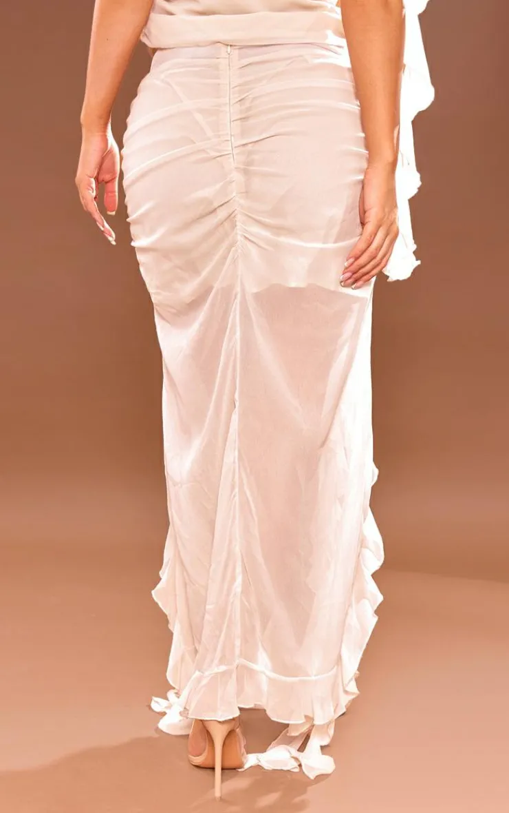New PrettyLittleThing Chiffon Ruffle Detail Midaxi Skirt Cream