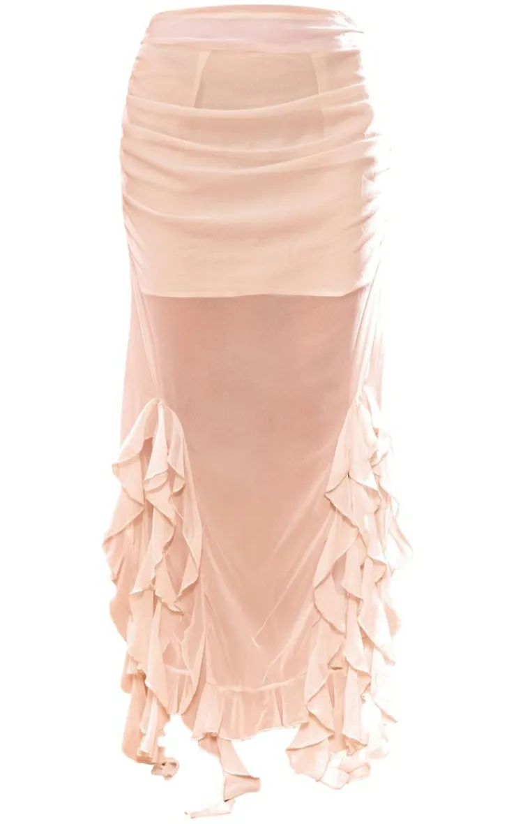 New PrettyLittleThing Chiffon Ruffle Detail Midaxi Skirt Cream