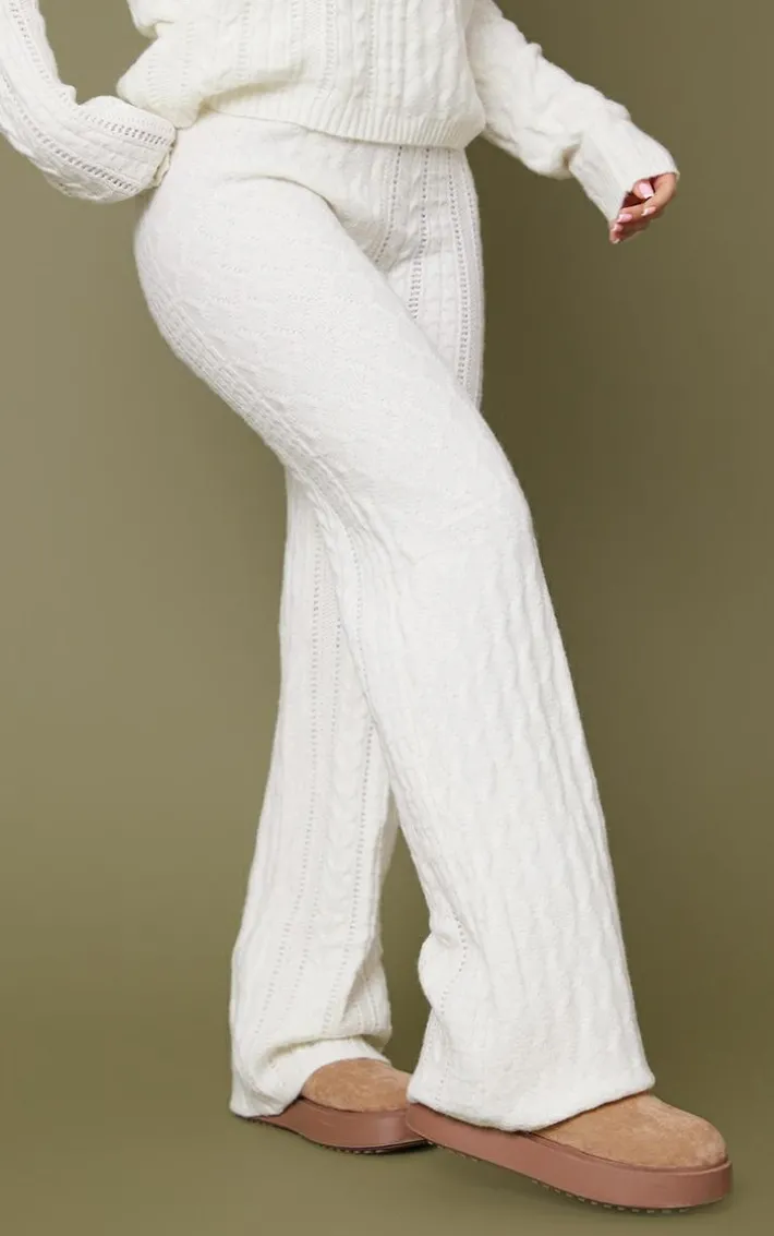 Cream Contrast Cable Knit Pants