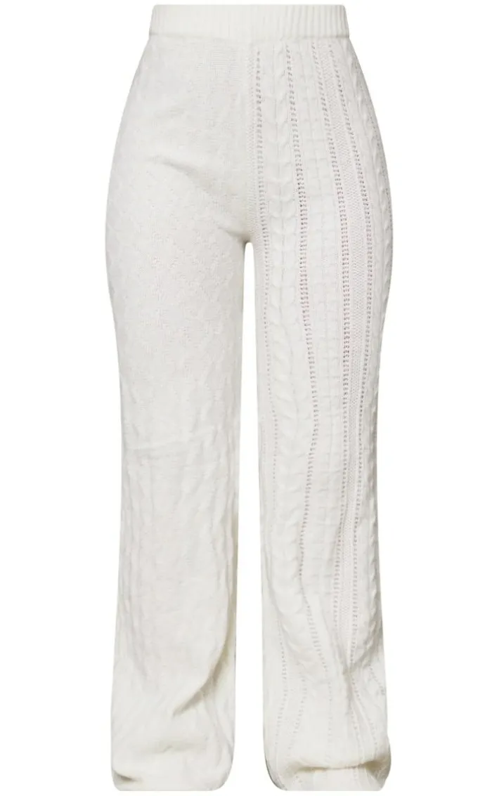 Cream Contrast Cable Knit Pants