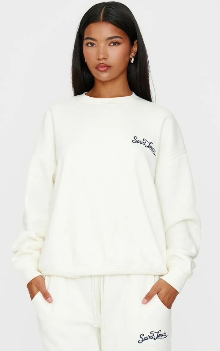 Hot PrettyLittleThing Contrast Embroidered Saint Louis Oversize Sweatshirt Cream