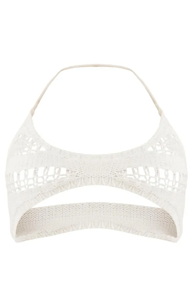 Clearance PrettyLittleThing Contrast Open Crochet Knit Plunge Bralet Cream