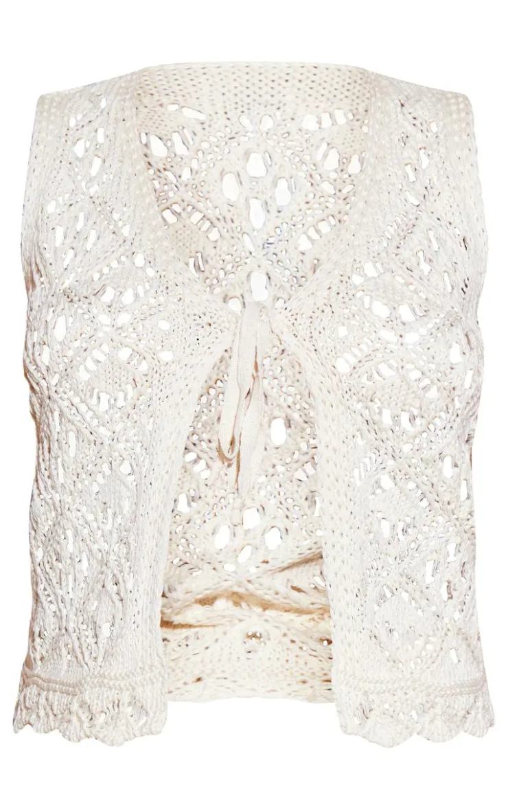 New PrettyLittleThing Crochet Knit Tie Front Vest Cream
