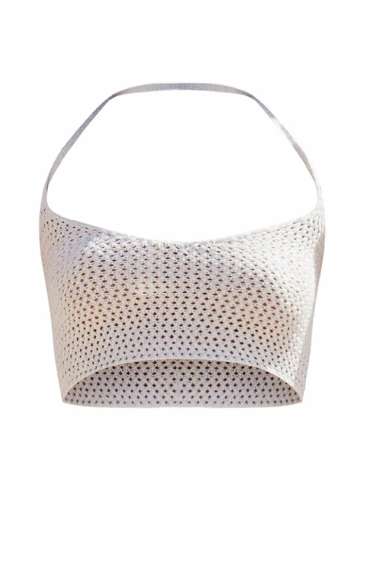 Online PrettyLittleThing Crochet Plain Knit Halterneck Crop Top Cream