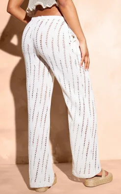 Cream Distressed Knit Drawstring Waist Pants