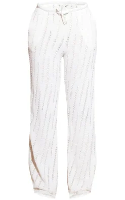 Cream Distressed Knit Drawstring Waist Pants