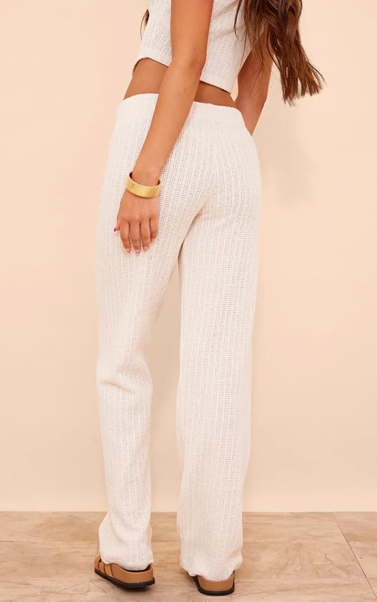 Online PrettyLittleThing Distressed Textured Rib Low Rise Drawstring Wide Leg Pants Cream