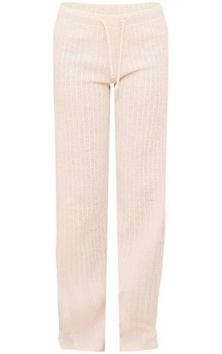 Online PrettyLittleThing Distressed Textured Rib Low Rise Drawstring Wide Leg Pants Cream