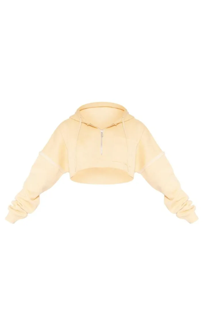 Cream Exposed Seam Zip Up Cropped Hoodie
