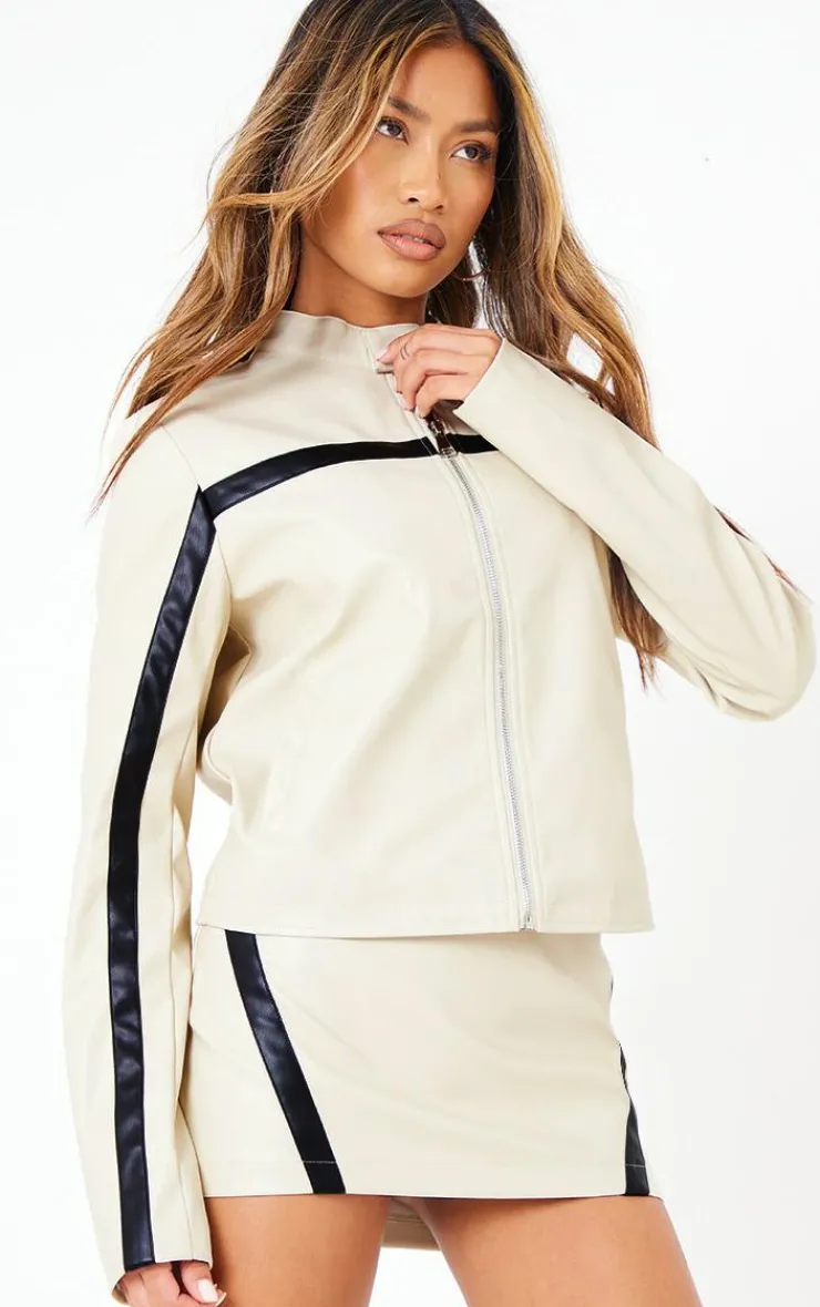 PrettyLittleThing Faux Leather Contrast Panel Motorcross Jacket Cream