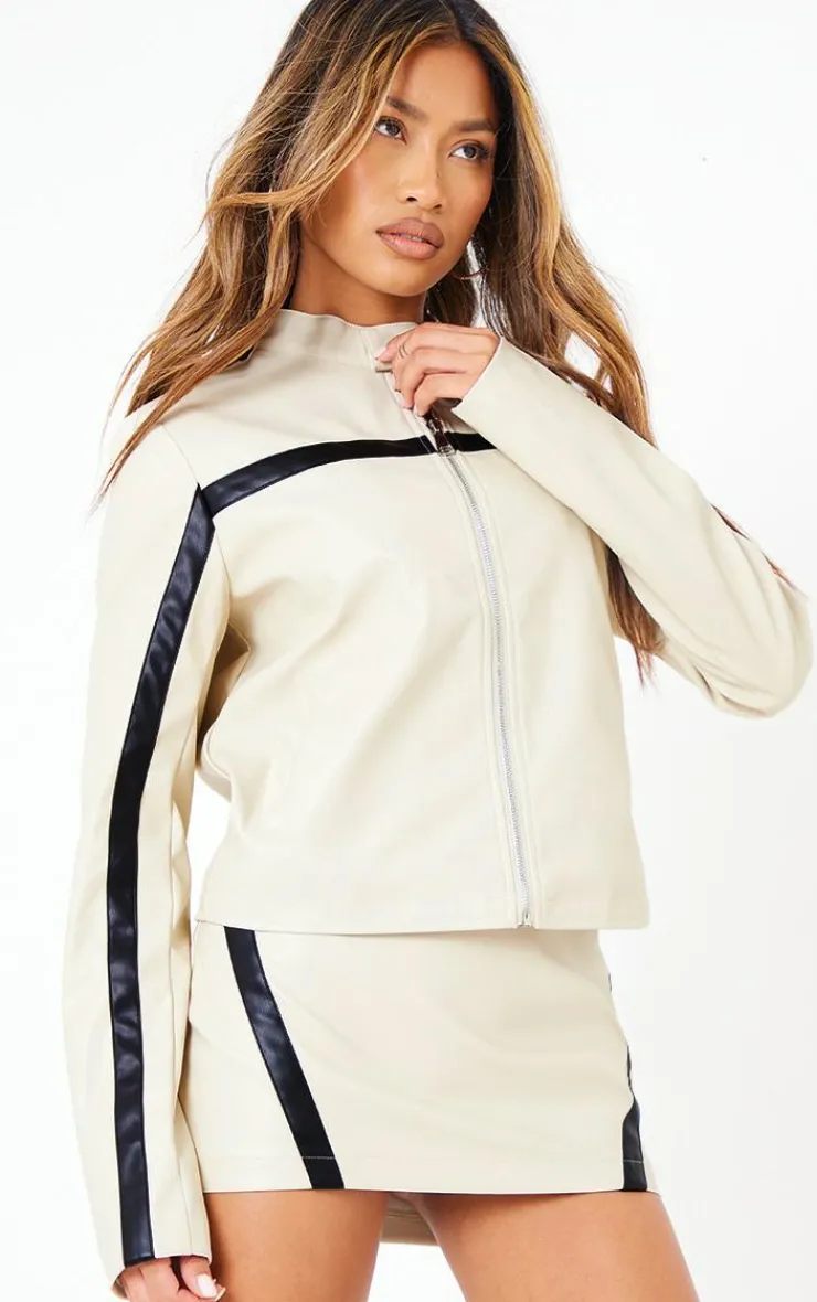 PrettyLittleThing Faux Leather Contrast Panel Motorcross Jacket Cream