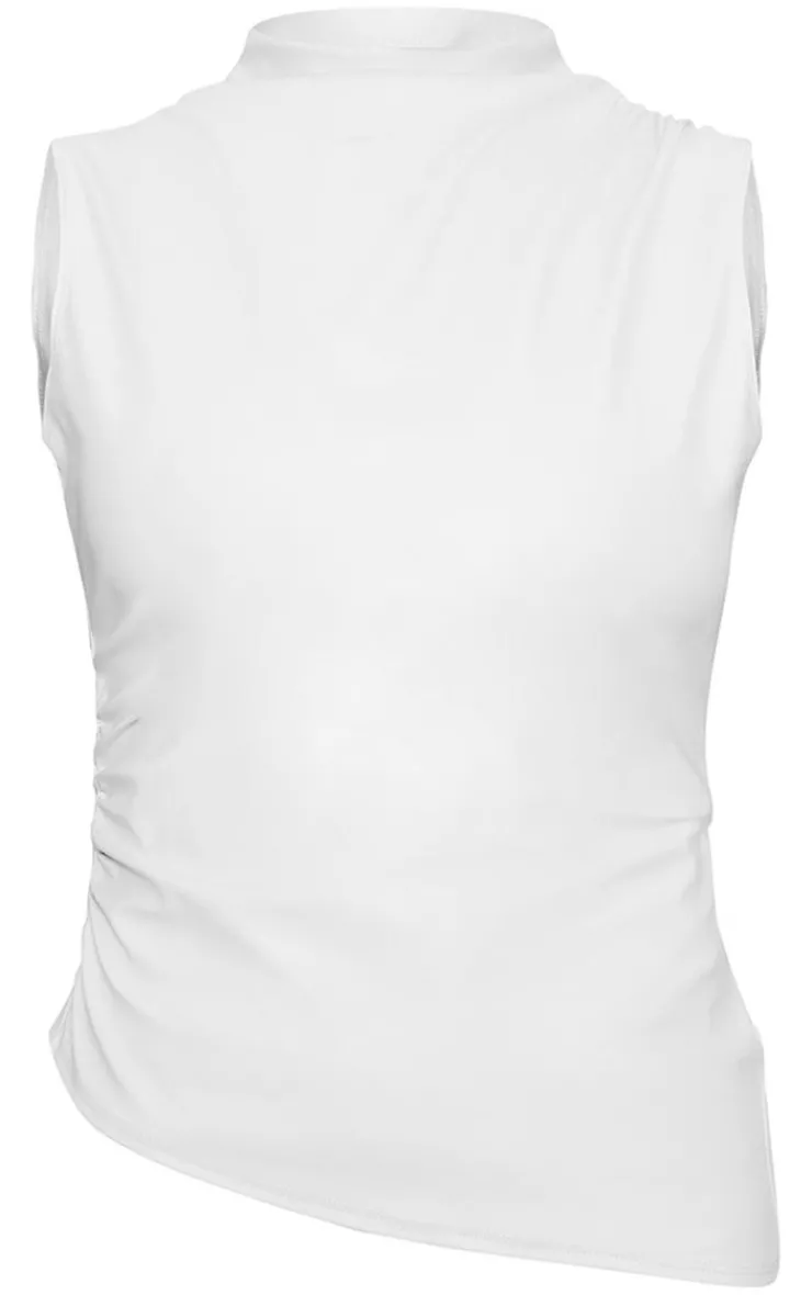 Online PrettyLittleThing Faux Leather High Neck Asymmetric Hem Side Ruched Top Cream
