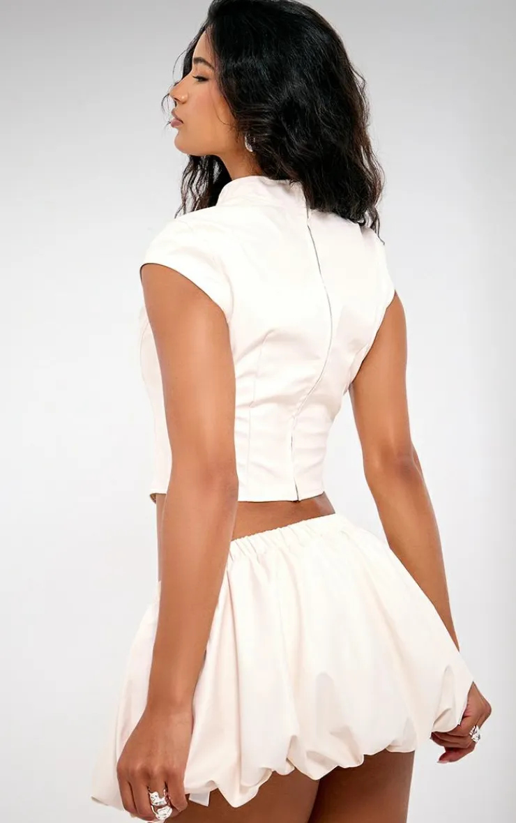 PrettyLittleThing Faux Leather High Neck Top Cream