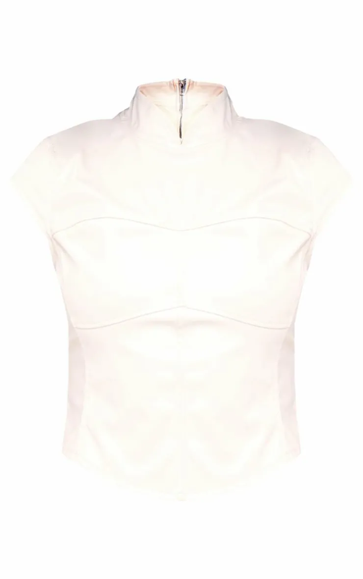 PrettyLittleThing Faux Leather High Neck Top Cream