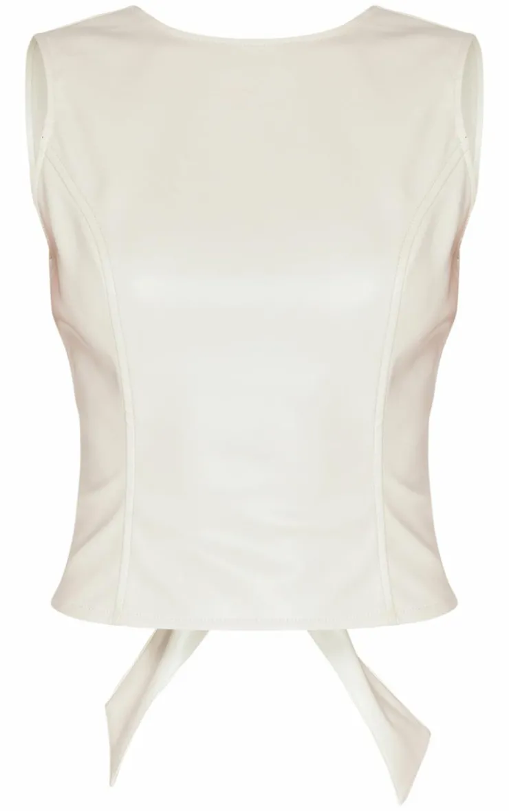 PrettyLittleThing Faux Leather Seam Detail Open Back Long Top Cream