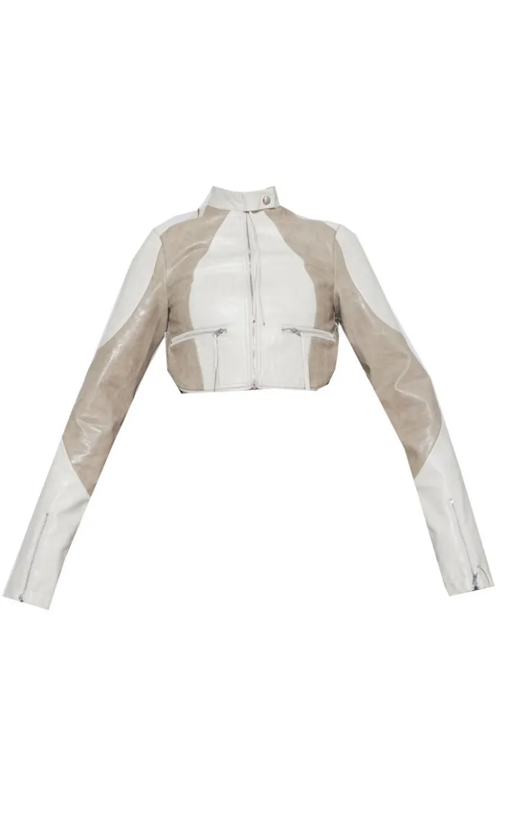 Hot PrettyLittleThing Faux Leather Zip Detail Cropped Jacket Cream