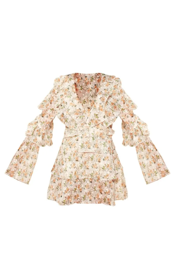Floral Chiffon Long Sleeve Frill Mini Dress-PrettyLittleThing Best