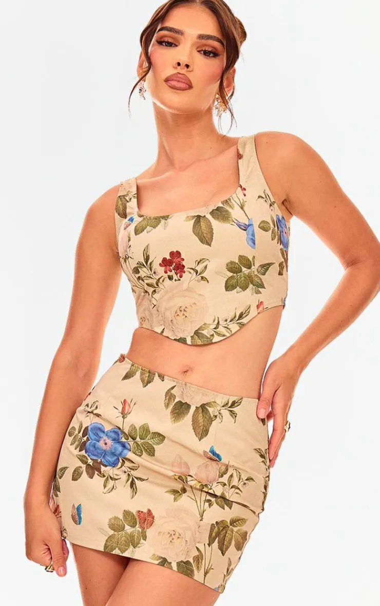 New PrettyLittleThing Floral Mini Skirt Cream