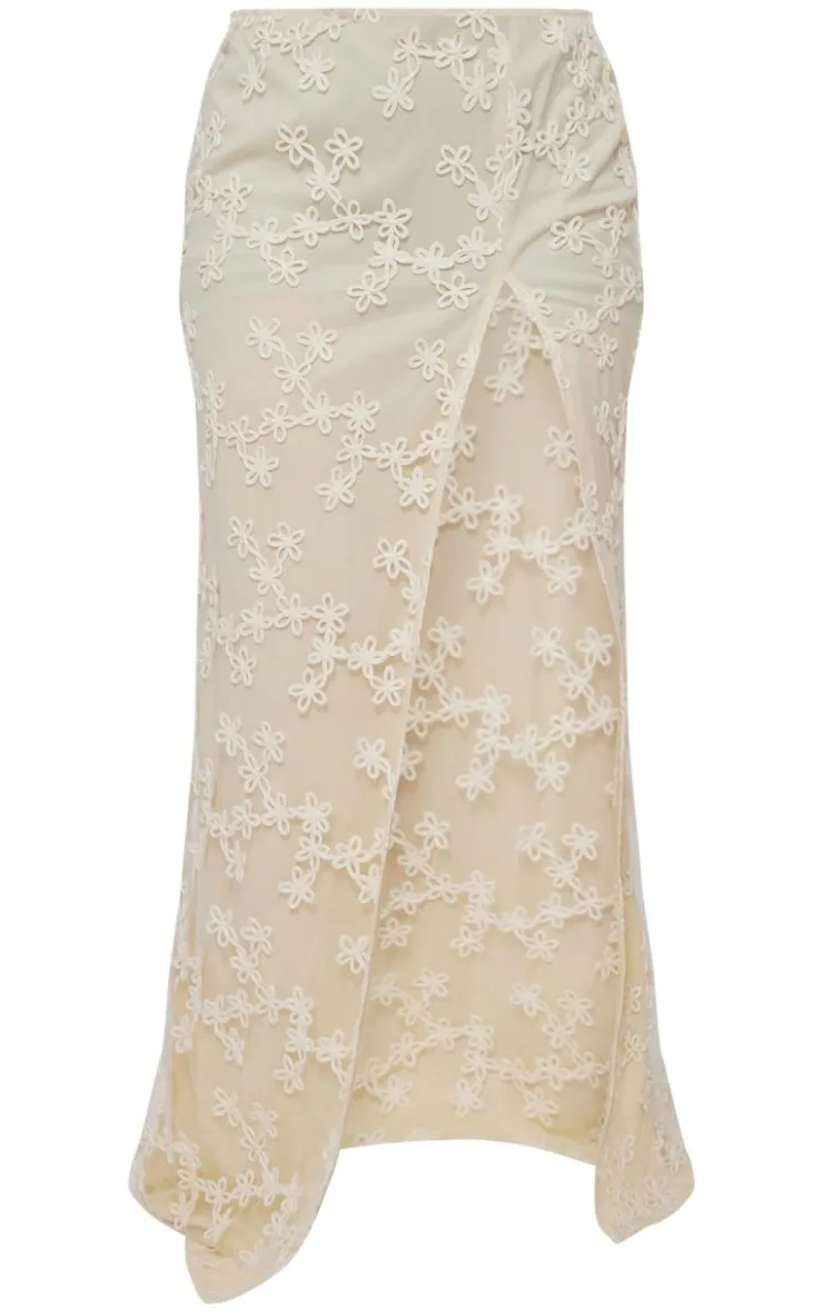 Online PrettyLittleThing Floral Textured Thigh High Split Maxi Skirt Cream