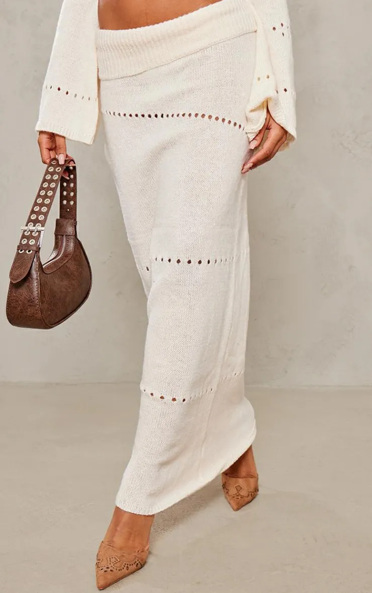 Discount PrettyLittleThing Fold Over Knit Maxi Skirt Cream