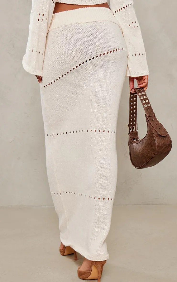 Discount PrettyLittleThing Fold Over Knit Maxi Skirt Cream