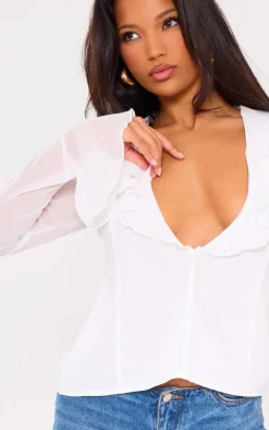 PrettyLittleThing Shirts*Frill Plunge Long Sleeve Frill Cuff Blouse