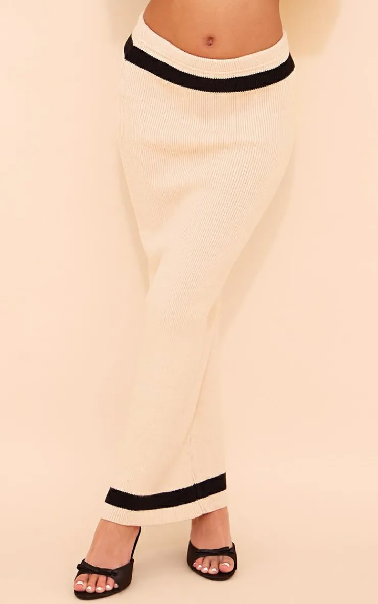 Outlet PrettyLittleThing Knitted Contrast Detail Maxi Skirt Cream