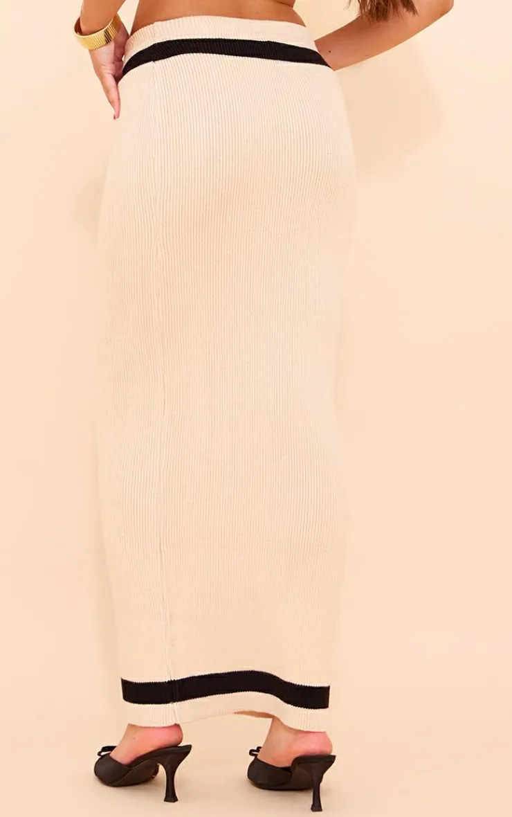 Outlet PrettyLittleThing Knitted Contrast Detail Maxi Skirt Cream