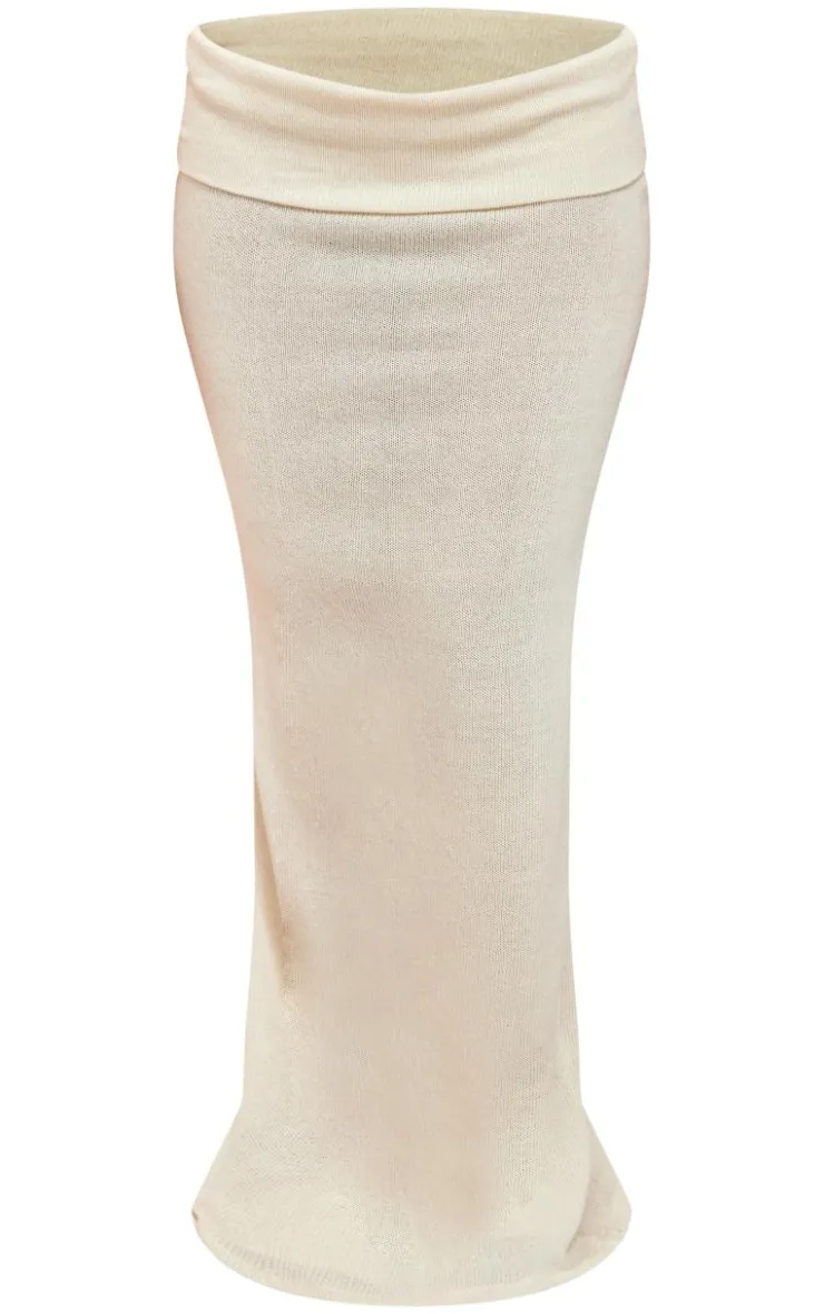 New PrettyLittleThing Knitted Foldover Waistband Low Rise Maxi Skirt Cream