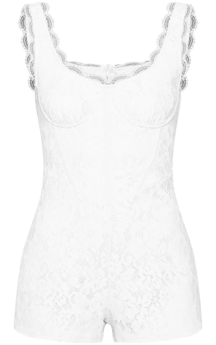 Cream Lace Boning Detail Strappy Romper
