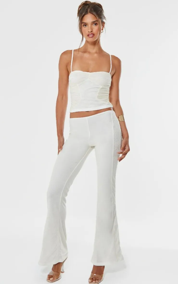 Online PrettyLittleThing Lace Mesh Panel Straight Leg Pants Cream