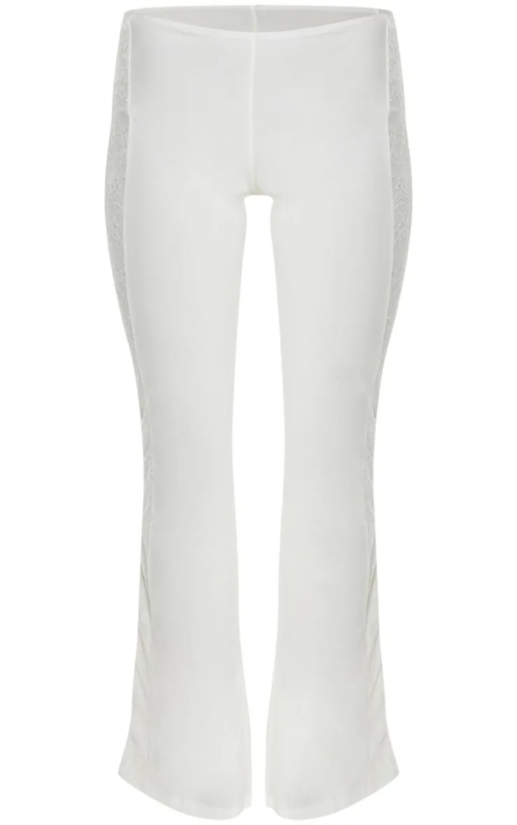 Online PrettyLittleThing Lace Mesh Panel Straight Leg Pants Cream