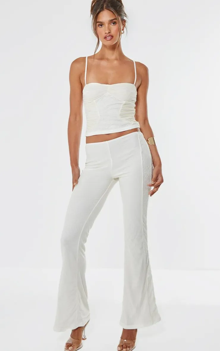 New PrettyLittleThing Lace Ruched Mesh Strappy Top Cream