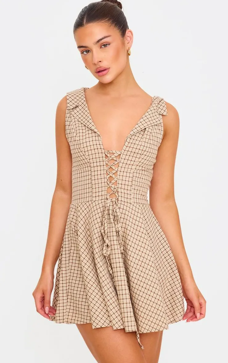 Lace Up Check Shift Dress-PrettyLittleThing Discount