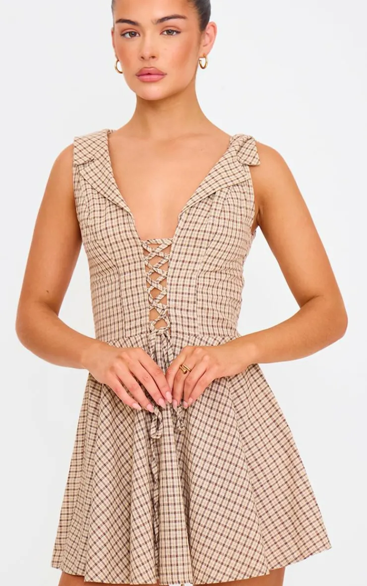 Lace Up Check Shift Dress-PrettyLittleThing Discount