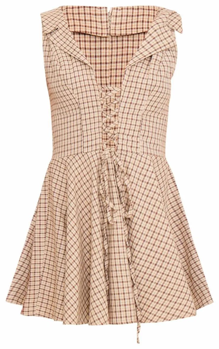 Lace Up Check Shift Dress-PrettyLittleThing Discount