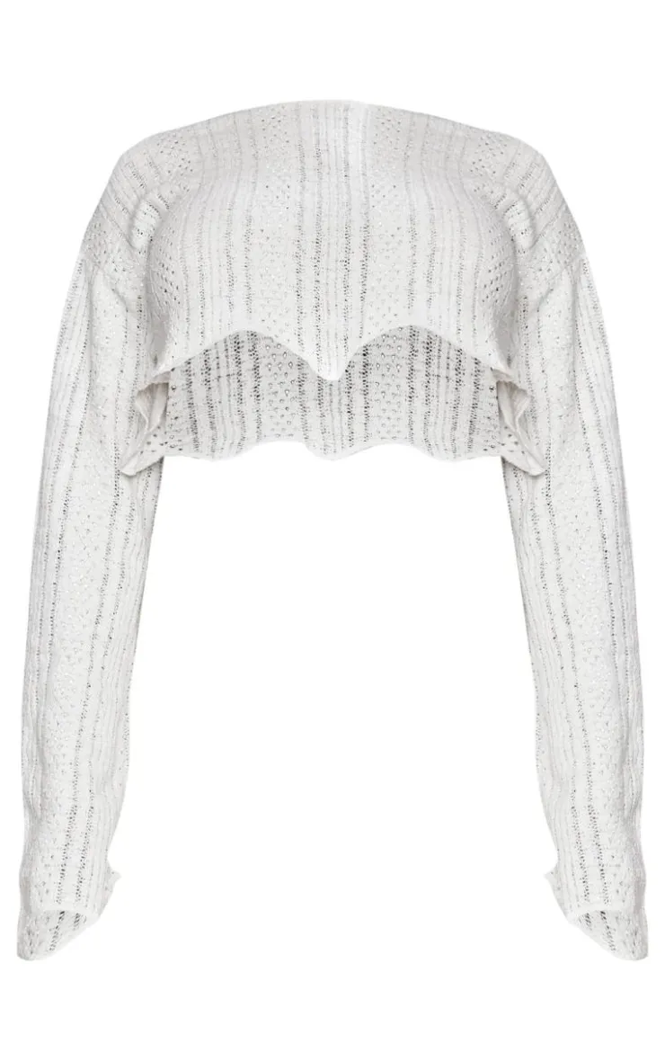 PrettyLittleThing Long Sleeve Cropped Textured Top Cream
