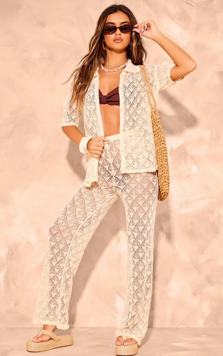 Online PrettyLittleThing Patterned Crochet Knit Button Up Shirt Cream
