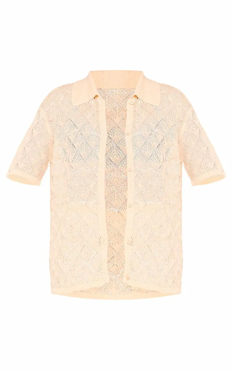 Online PrettyLittleThing Patterned Crochet Knit Button Up Shirt Cream