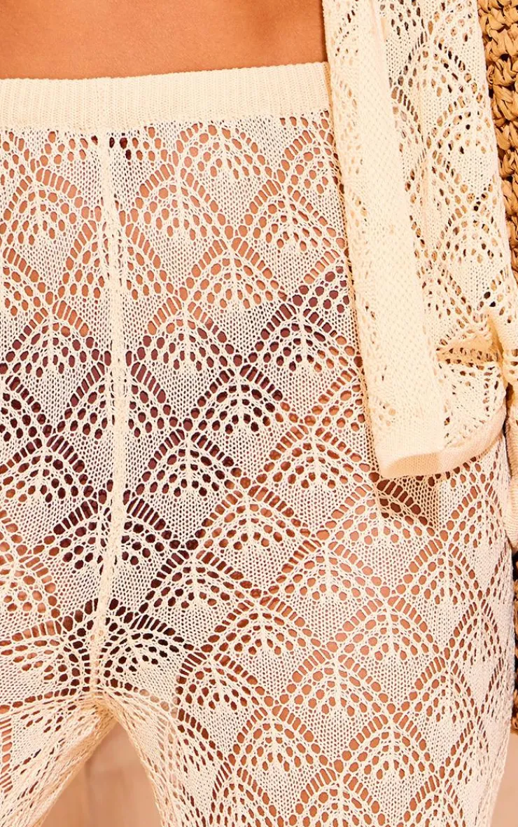 New PrettyLittleThing Patterned Crochet Knit Wide Leg Floaty Pants Cream