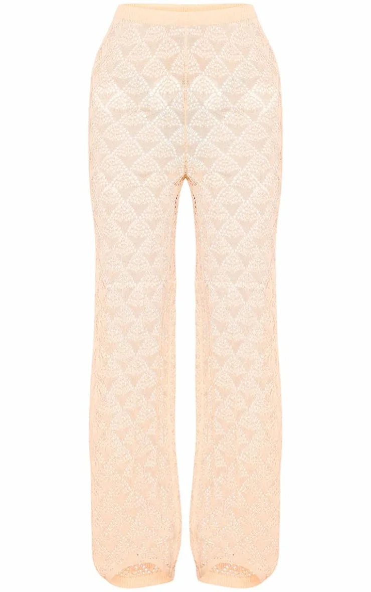 New PrettyLittleThing Patterned Crochet Knit Wide Leg Floaty Pants Cream