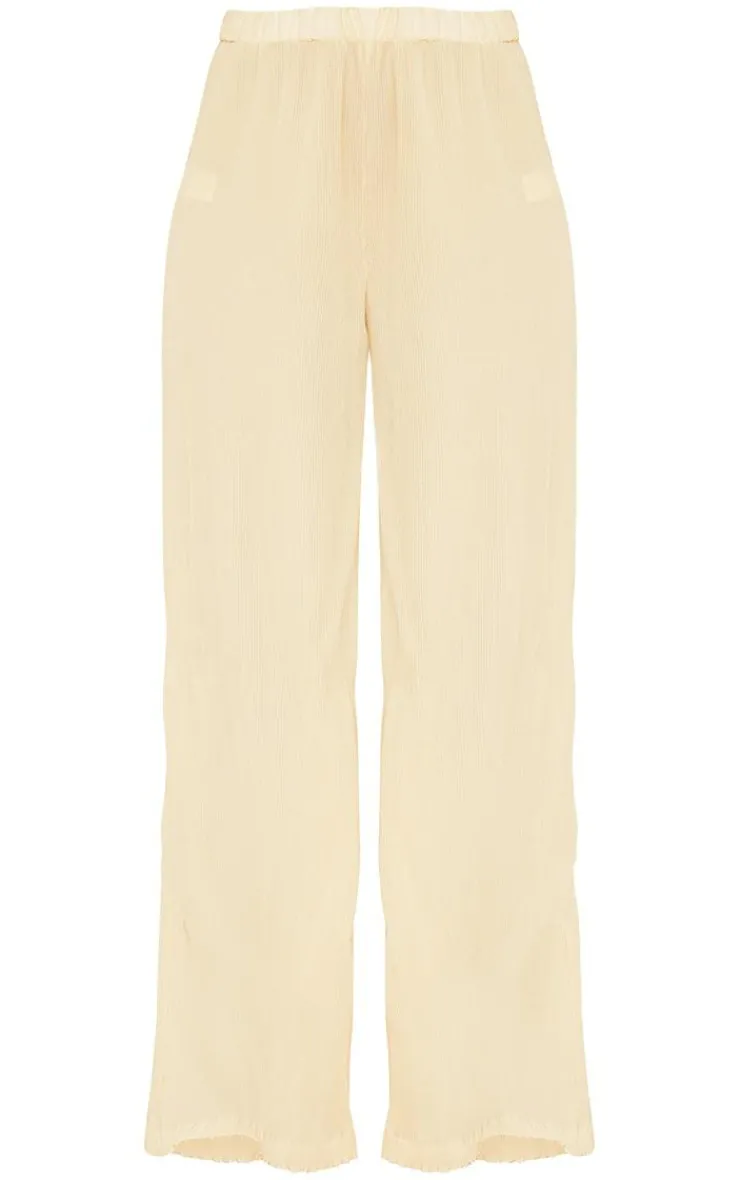Discount PrettyLittleThing Plisse High Waisted Wide Leg Pants Cream